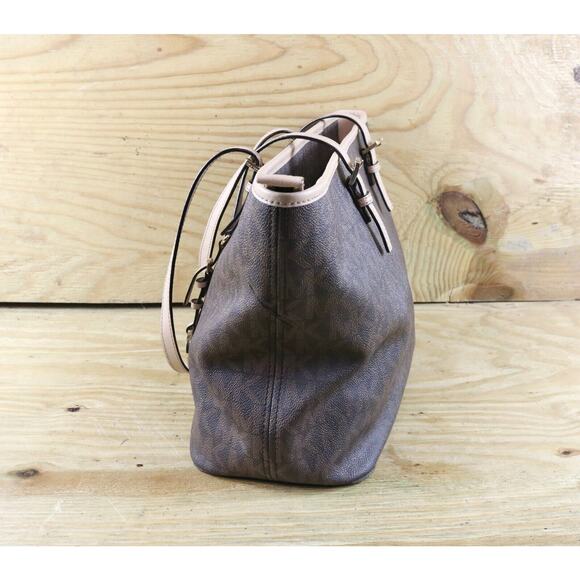 Michael Kors Bag Jet Set Signature Brown Logo Monogram Tote Shoulder Large - Picture 4 of 12